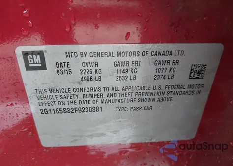 2015 Chevrolet Impala 2Lz из США, поврежденный, VIN 2G1165S32F9230881